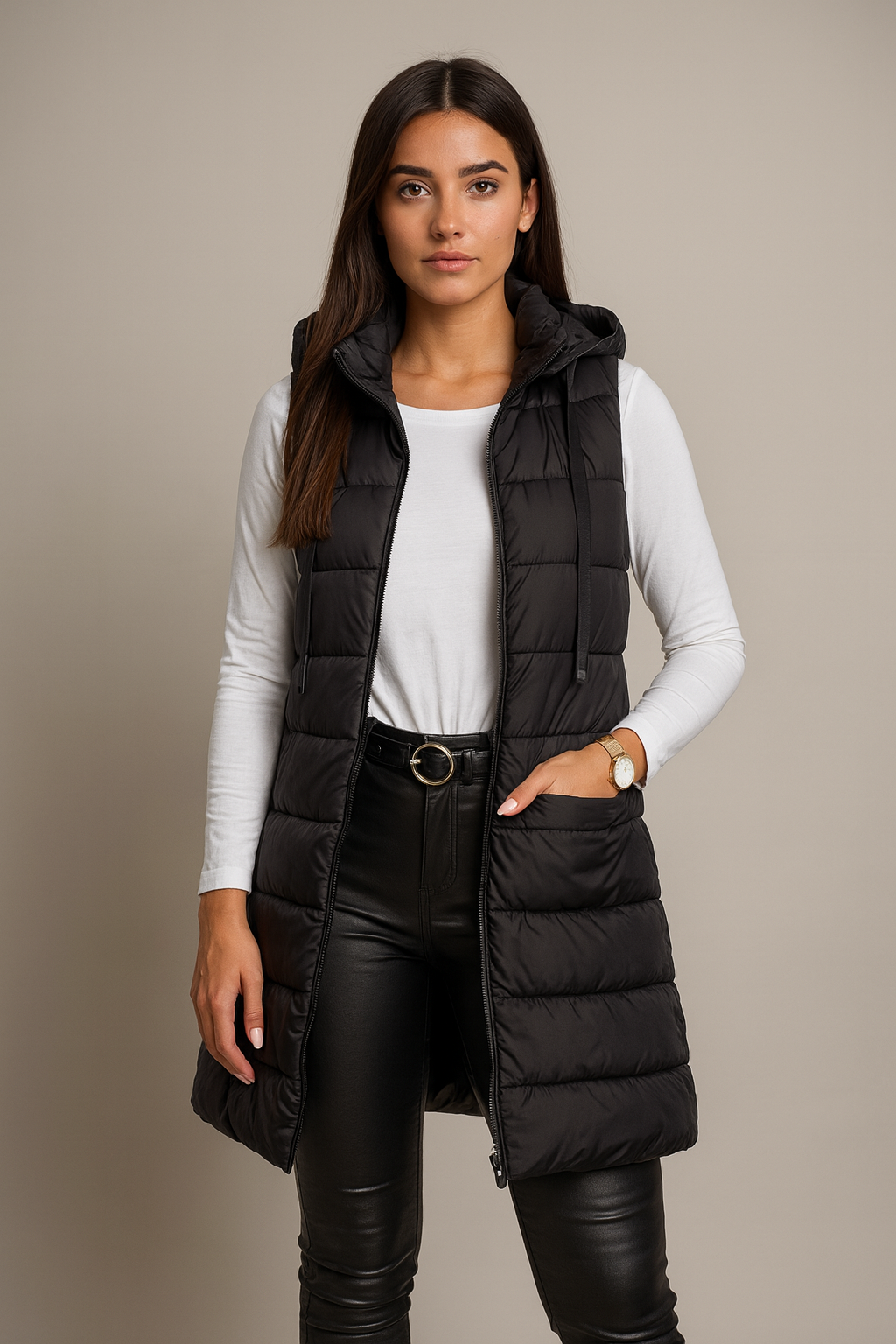 ELENA | VESTE LONGUE PUFFER SANS MANCHES À CAPUCHE CASUAL